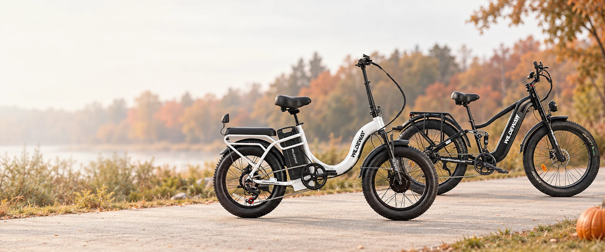 SummitX and Advent e-bikes at an autumn trailhead with fall foliage and pumpkins.