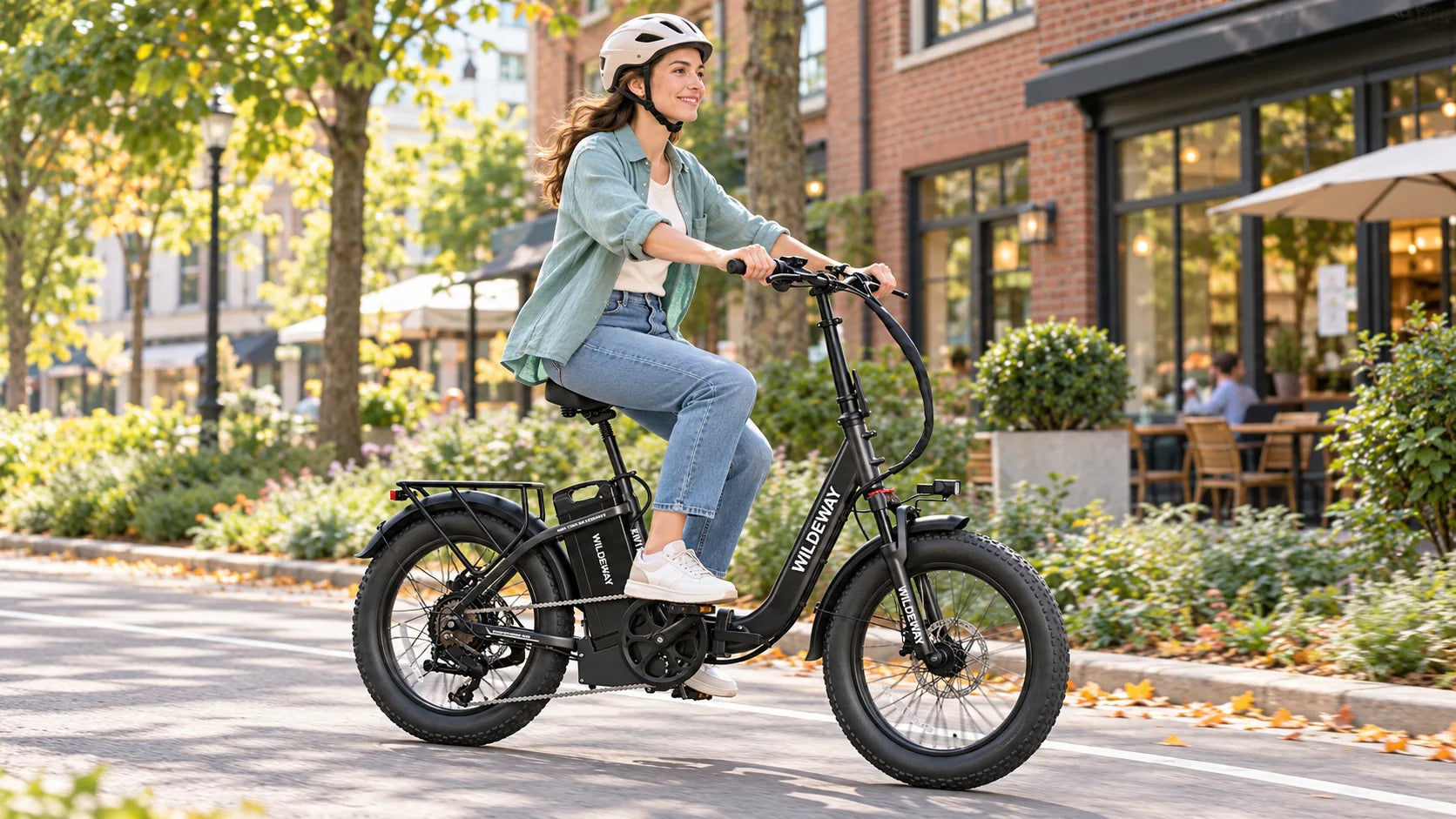 Helmeted rider on a black FW11S Pro along a bright neighborhood cycle path