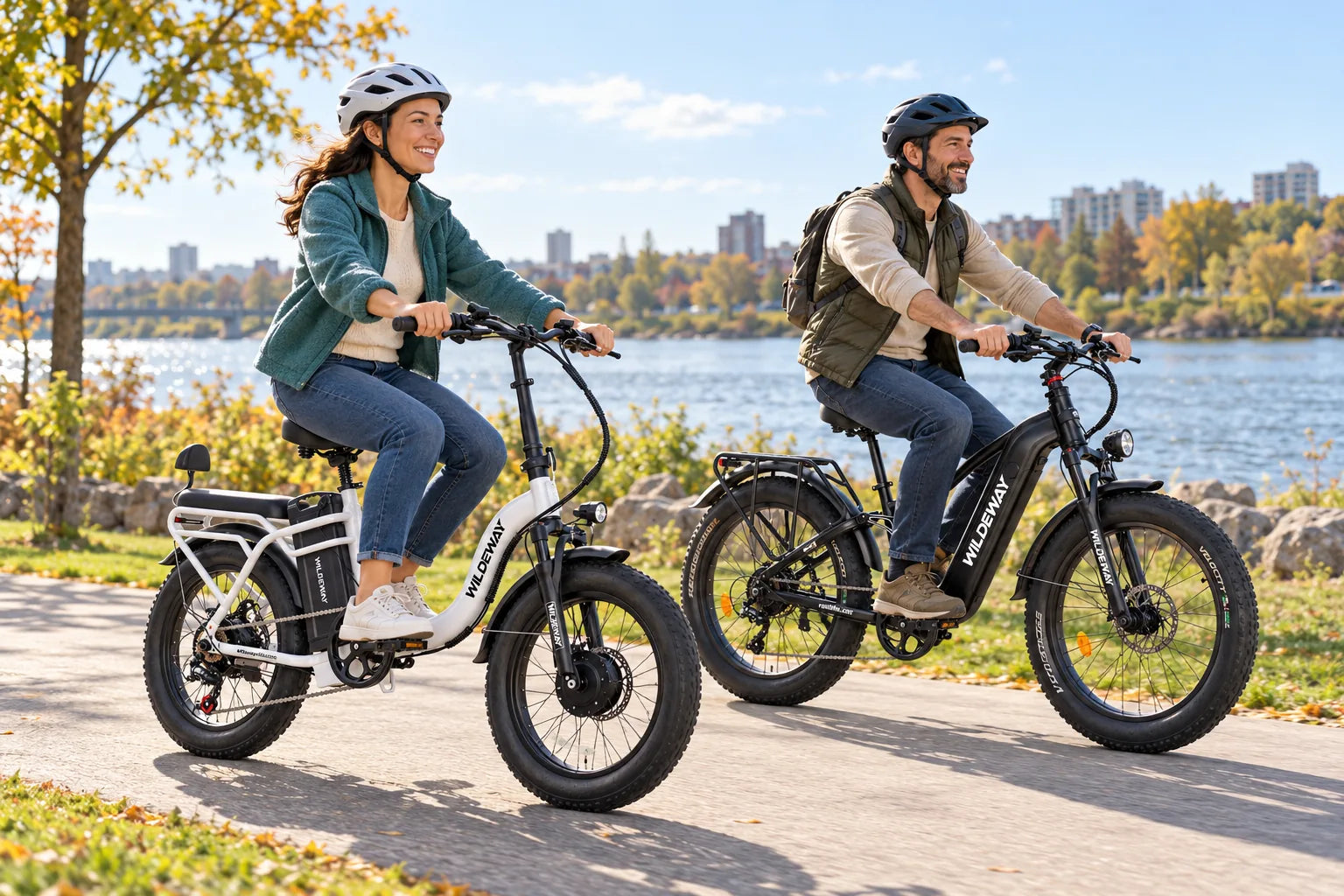 Two helmeted adults riding SummitX and Advent e-bikes on a bright riverside path